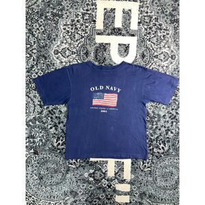 Vintage Women8's 2001 Old Navy Brand USA Flag T-shirt Size XL Navy Blue 9/11